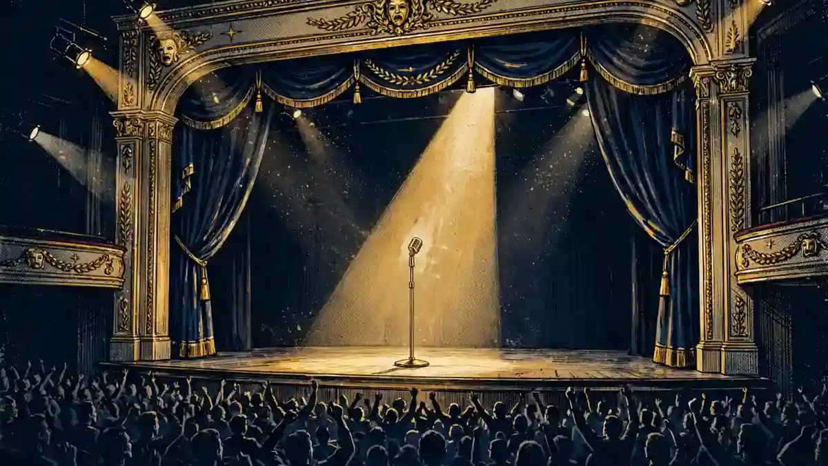 Illustration of a comedy theater stage with a golden microphone under spotlights and a cheering crowd