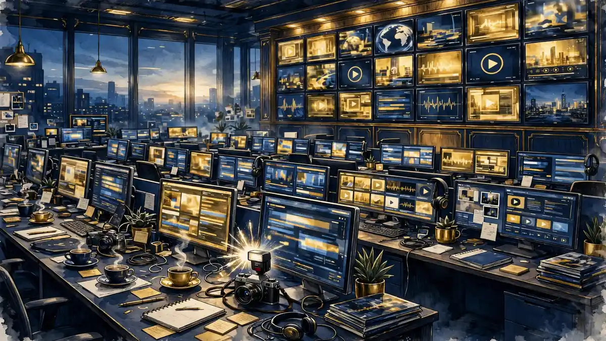 Illustration of a celebrity newsroom at dawn, glowing monitors and headlines, dark navy and gold