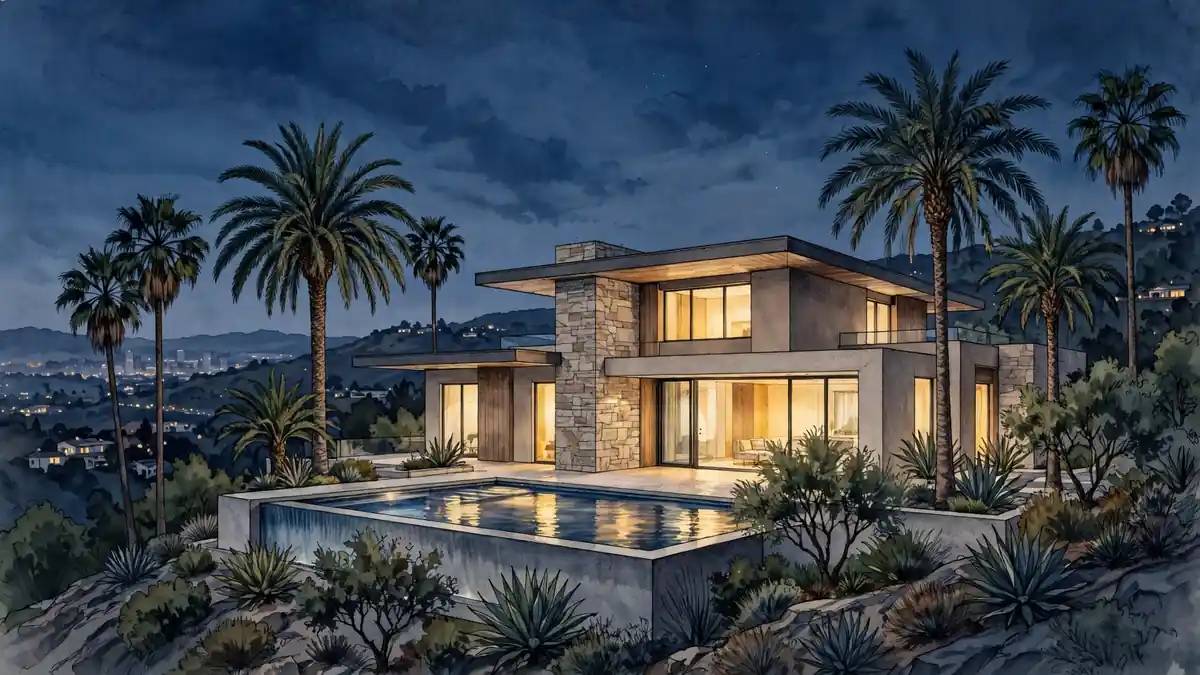 Illustration of a Los Angeles luxury home at dusk with palm trees, dark navy and gold