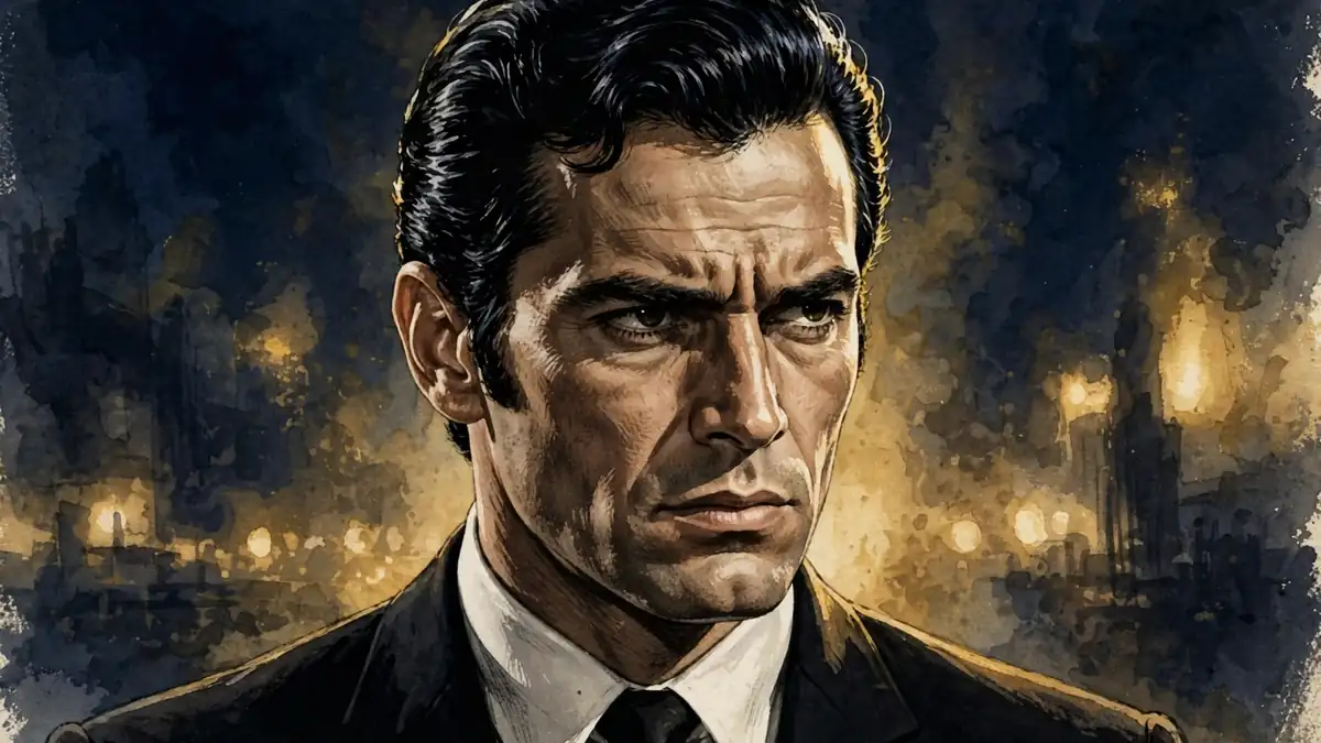 Stylized illustrated portrait of Henry Silva as a 1960s movie villain, chiseled face in dramatic navy and gold noir lighting