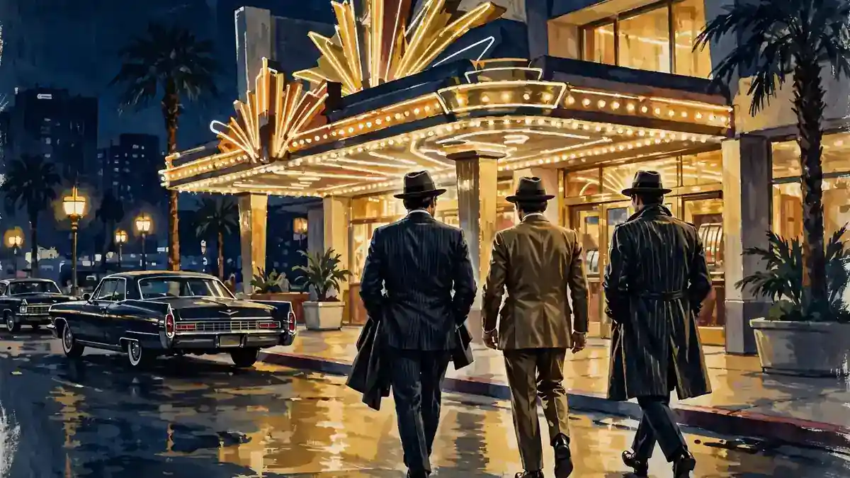 Stylized illustration of three suited tough-guy figures walking into a neon-lit 1960s Las Vegas casino at night, in navy and gold