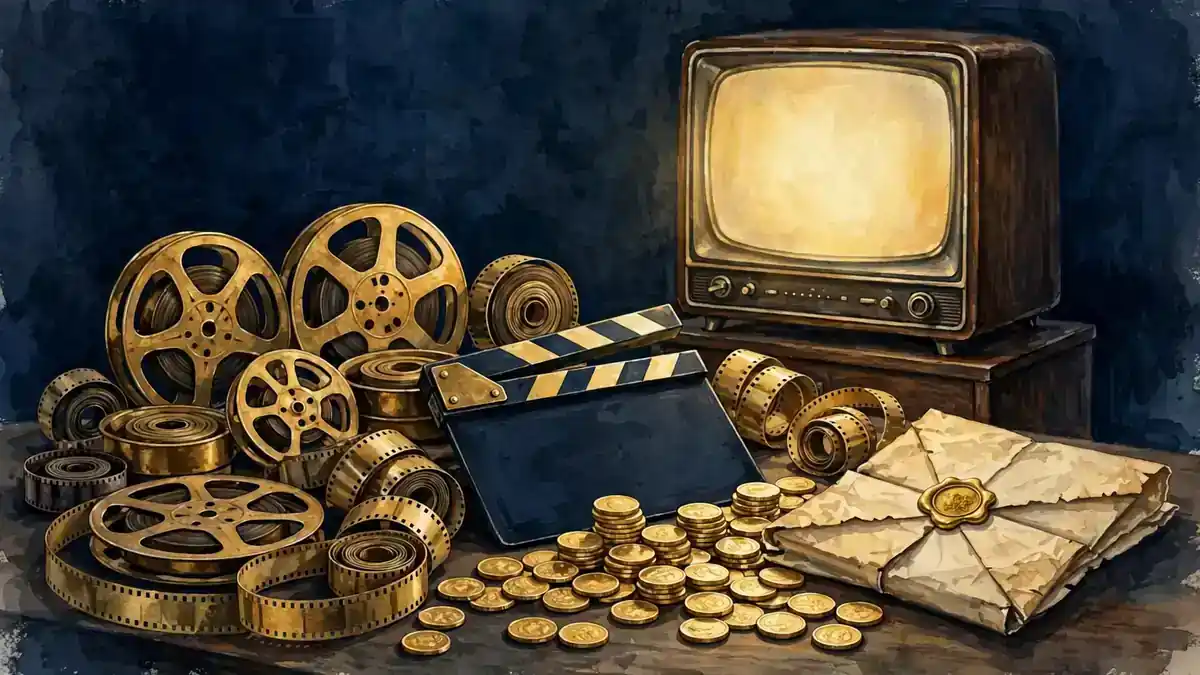 Stylized illustration of vintage film reels, a clapperboard, gold coins, and an old studio contract on a desk with a retro television glowing behind, in navy and gold