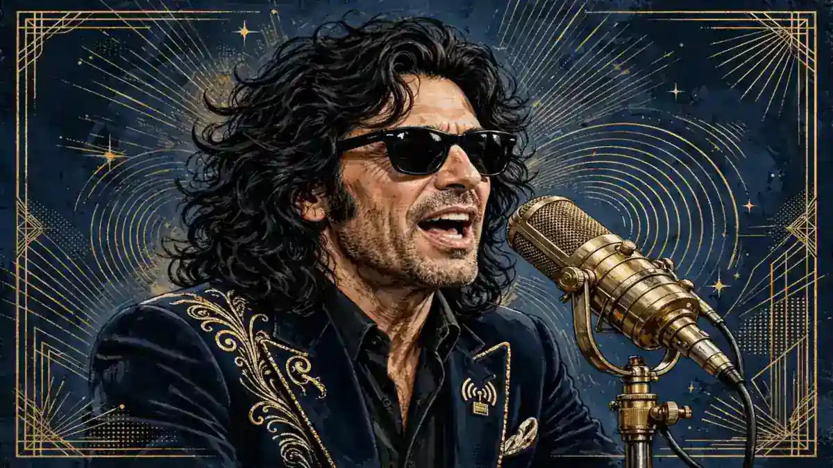 Illustrated portrait of radio host Howard Stern with long dark hair and sunglasses speaking into a vintage microphone
