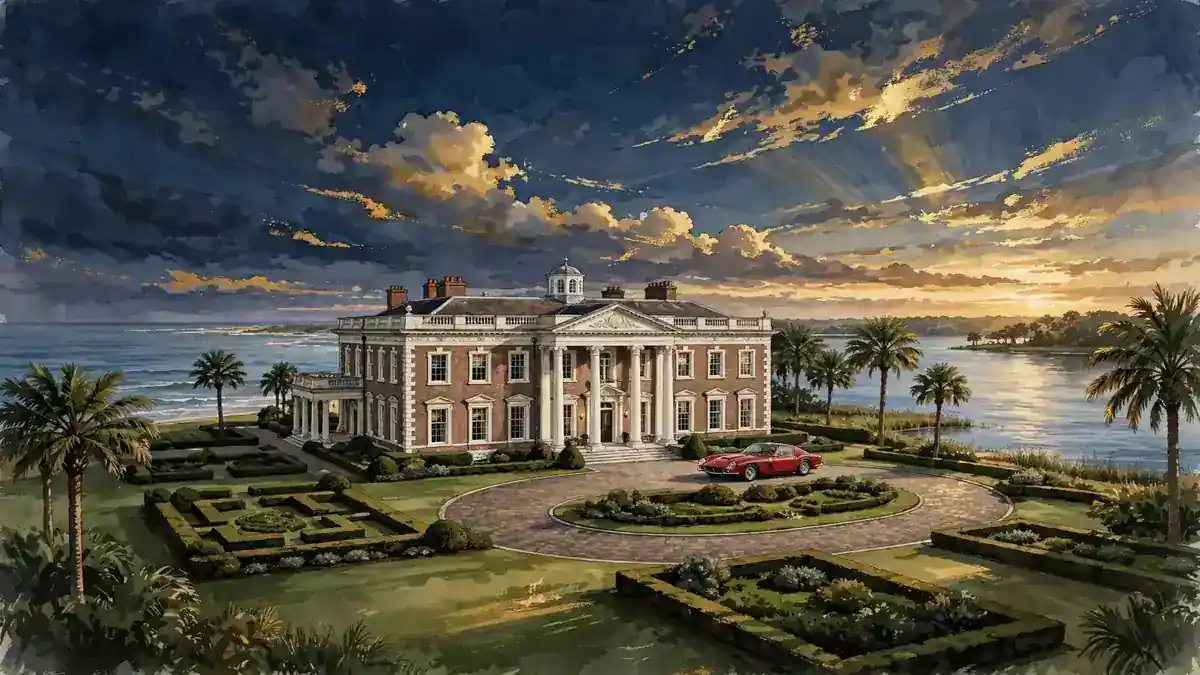 Illustration of a grand waterfront Georgian mansion with palm trees and a classic red Ferrari on the driveway at golden hour
