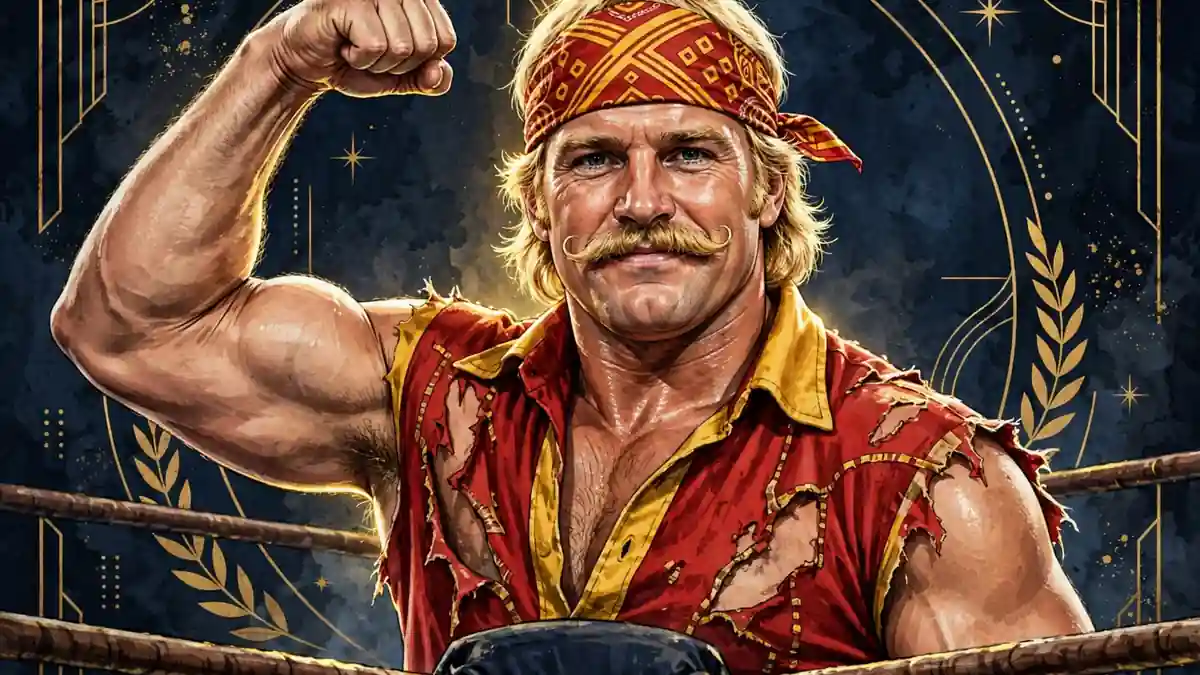 Illustrated portrait of Hulk Hogan in the ring, handlebar mustache and red-and-yellow bandana, dark navy and gold editorial style