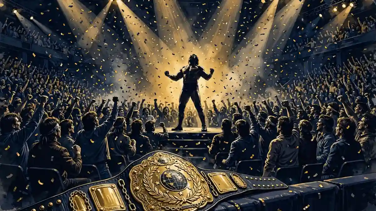 Illustrated 1980s wrestling arena with a roaring crowd and a golden championship belt, dark navy and gold editorial style