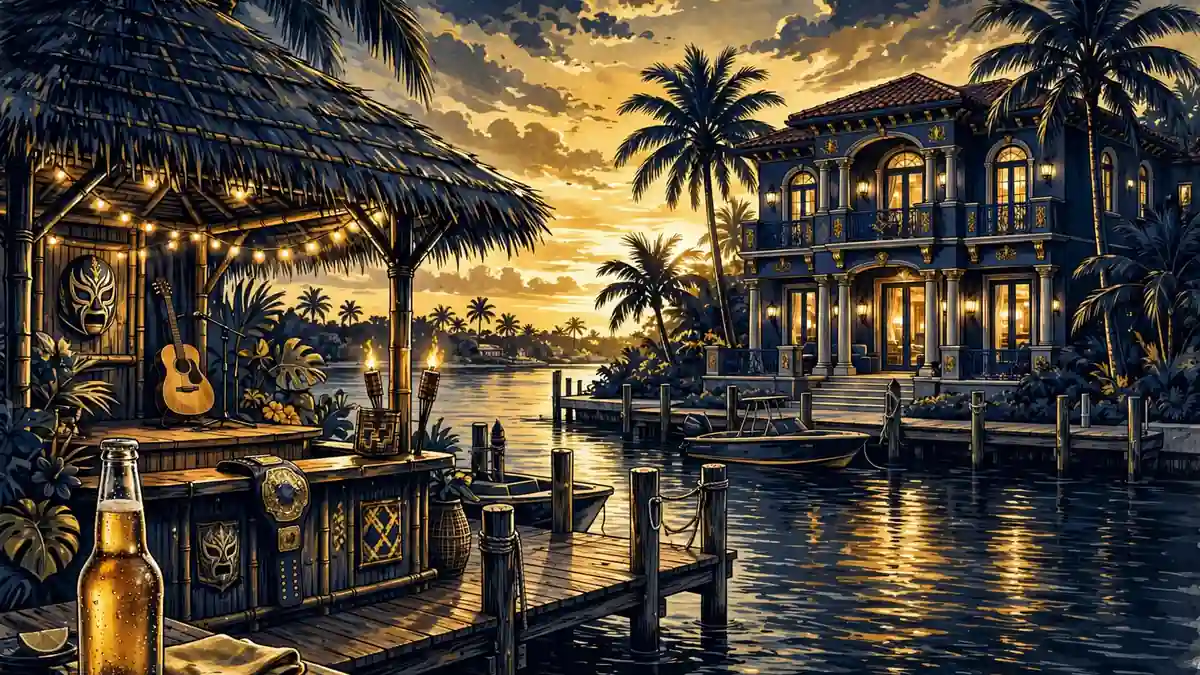 Illustrated Florida waterfront mansion with a beachside bar and beer bottle at sunset, dark navy and gold editorial style