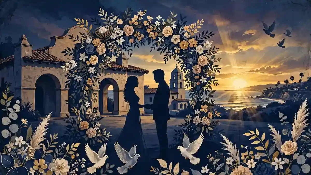 Illustration of a wedding ceremony at sunset in Santa Barbara, where Paul Cerrito and Yasmine Bleeth married in 2002
