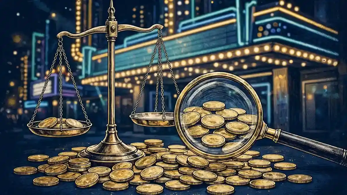 Illustration of a balance scale and magnifying glass over gold coins, representing the wide range of Paul Cerrito's net worth estimates
