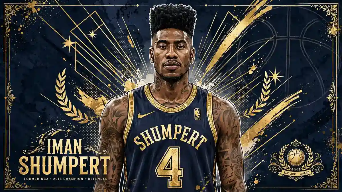 Stylized illustrated portrait of Iman Shumpert in a navy basketball jersey, navy and gold editorial style