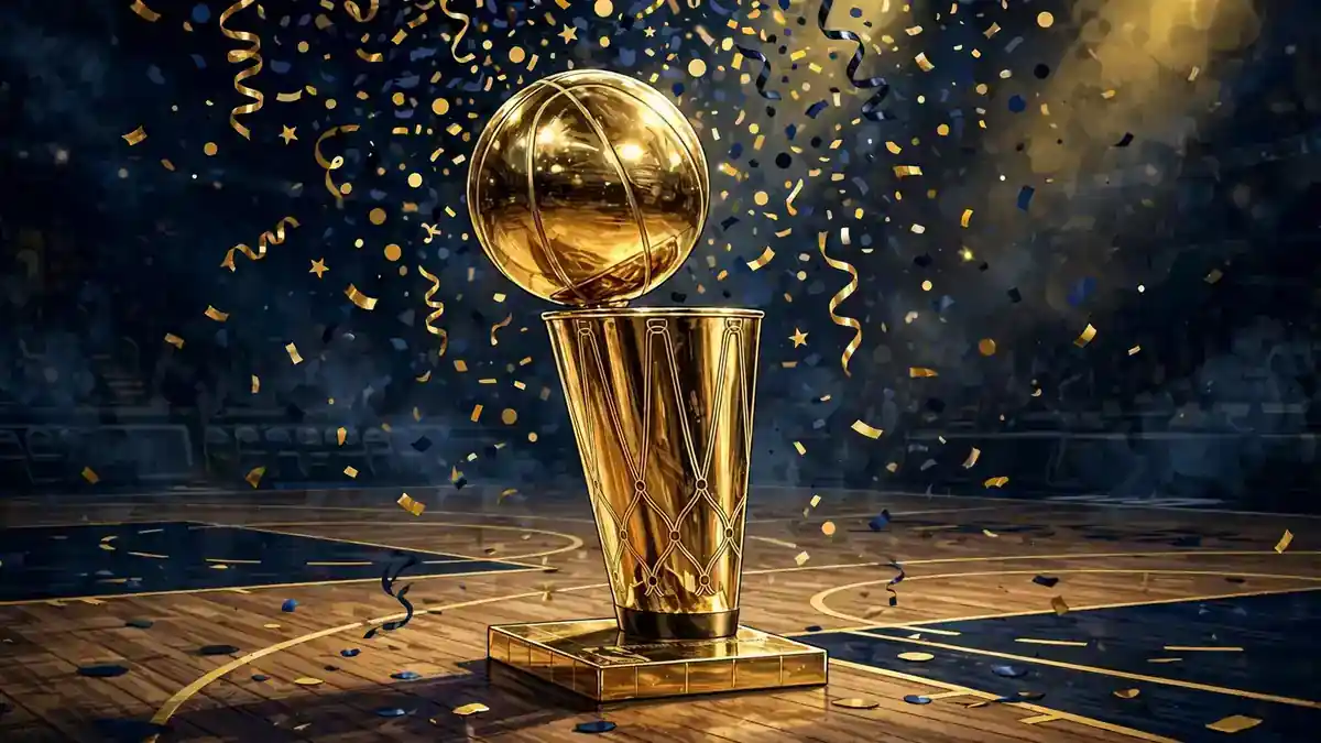 Illustrated NBA championship trophy in gold on a basketball court floor with confetti, navy and gold style