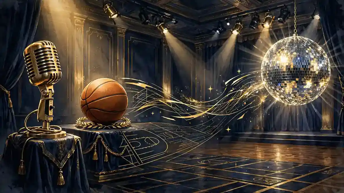 Illustrated vintage rap microphone and disco ball in a television studio ballroom, navy and gold style