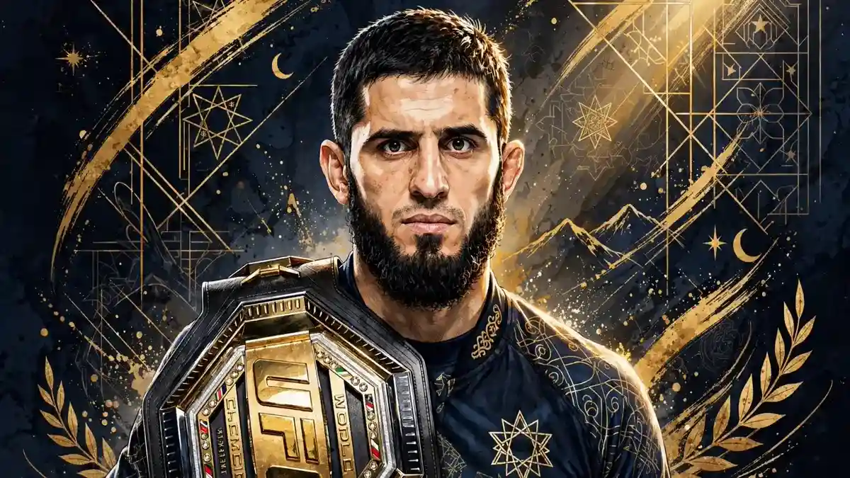 Islam Makhachev illustrated portrait with UFC championship belt in navy and gold editorial style