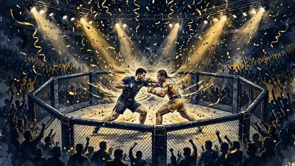 Illustration of a championship MMA fight night in the UFC octagon