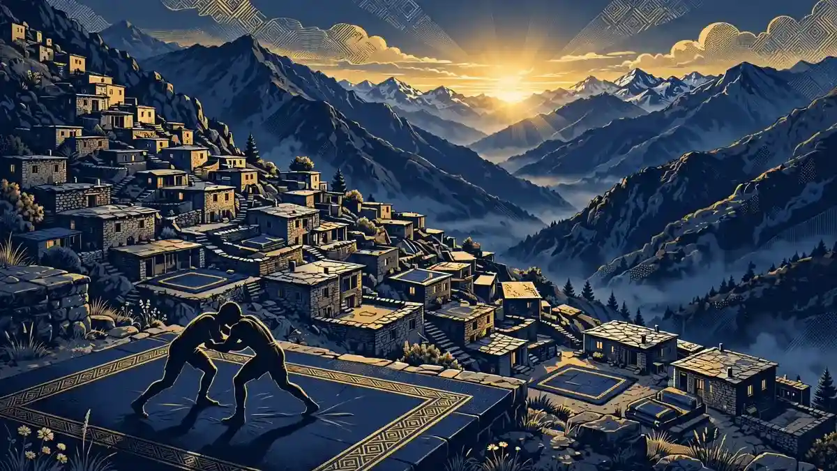 Illustration of a mountain village in Dagestan with wrestling mats at sunrise