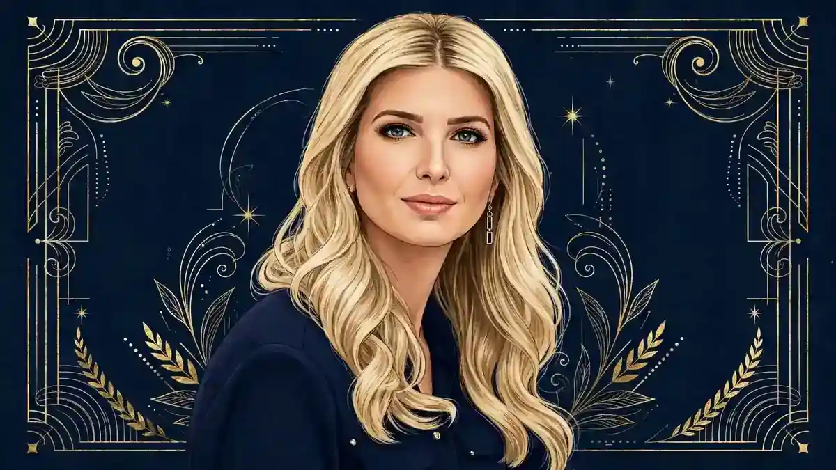 Stylized illustrated portrait of Ivanka Trump in navy and gold