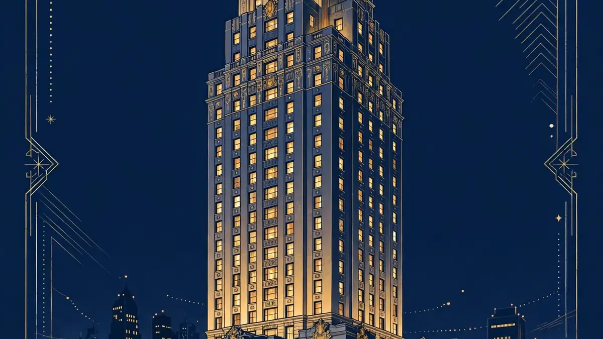 Illustration of a luxury hotel tower at night, representing Ivanka Trump's Trump Organization years