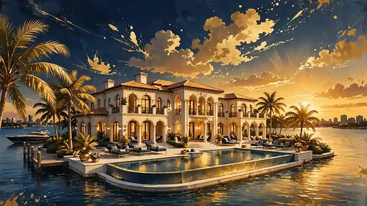 Illustration of a waterfront Miami mansion at sunset, representing Ivanka Trump's Indian Creek real estate