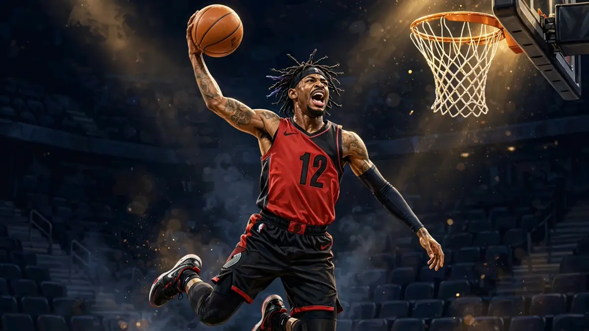 Stylized editorial illustration of Ja Morant dunking in a Portland Trail Blazers jersey
