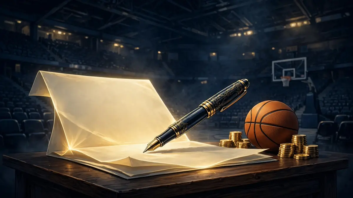 Editorial illustration of a glowing NBA contract being signed in an arena