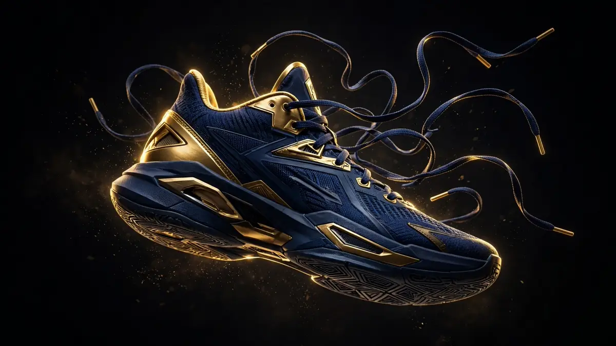 Editorial illustration of a navy and gold basketball sneaker floating in a studio