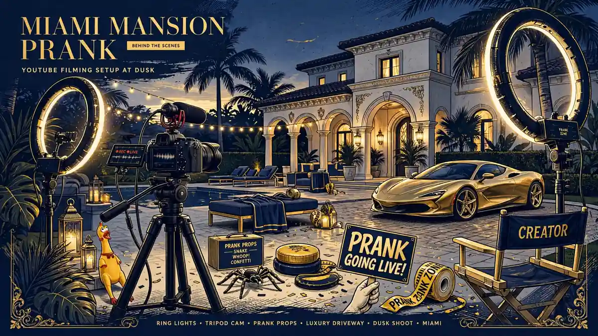 Stylized illustration of a YouTube filming setup in a Miami mansion backyard with a sports car