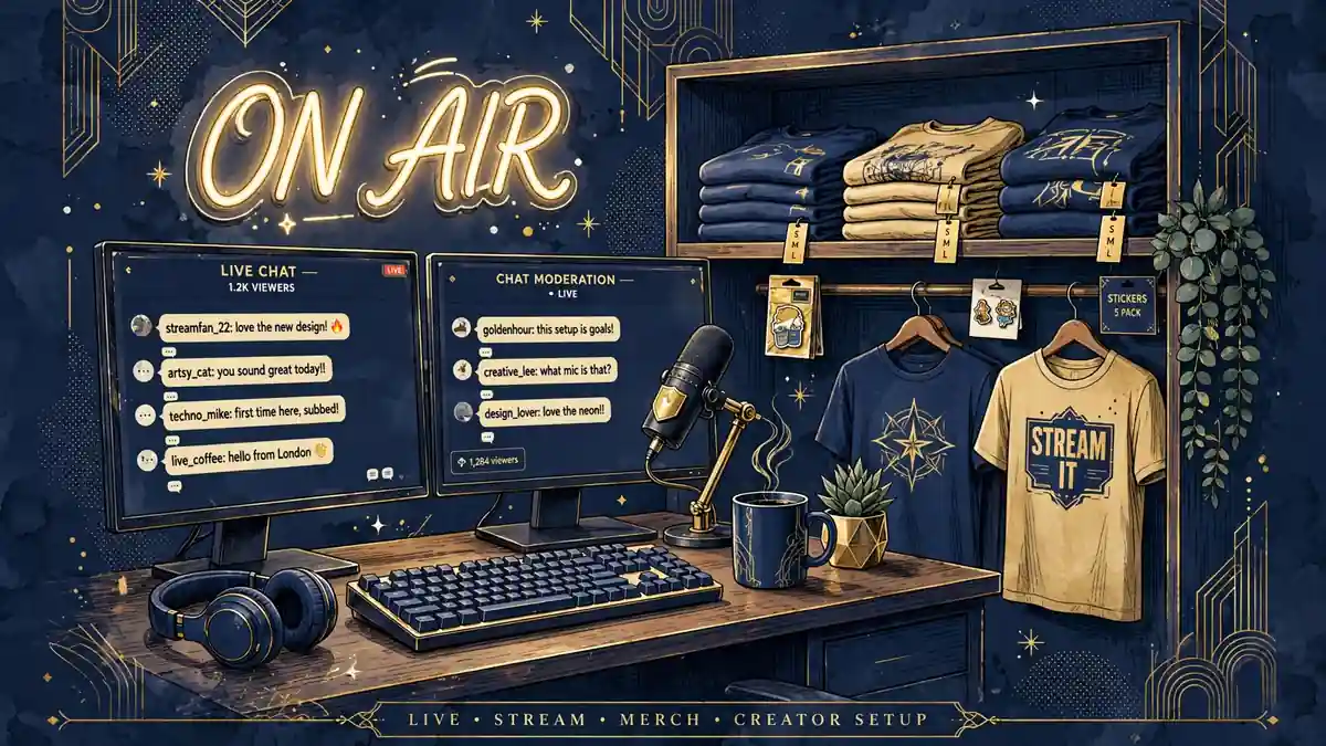 Stylized illustration of a livestream desk setup with monitors, microphone and merchandise shelf