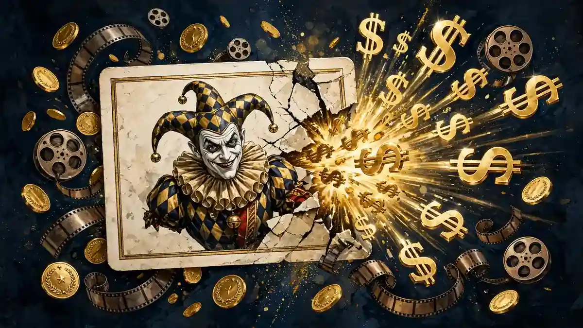 Navy-and-gold editorial illustration of a Joker playing card with gold coins and dollar motifs