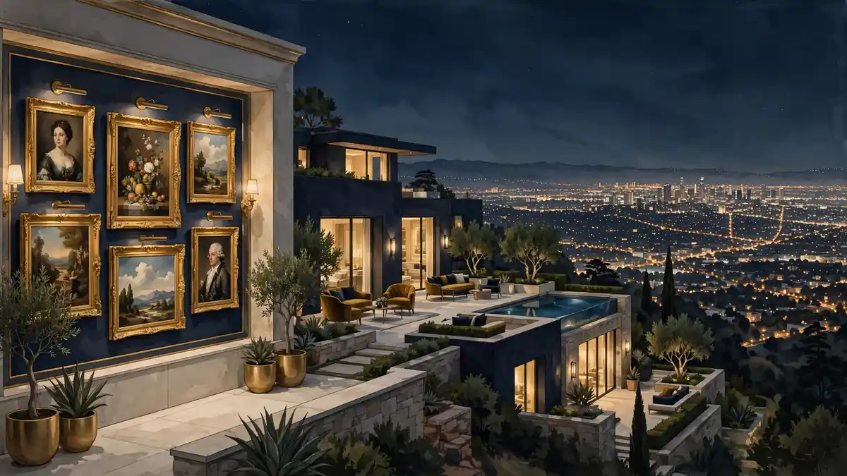 Navy-and-gold editorial illustration of a hilltop Mulholland Drive estate and a gallery of framed classic paintings