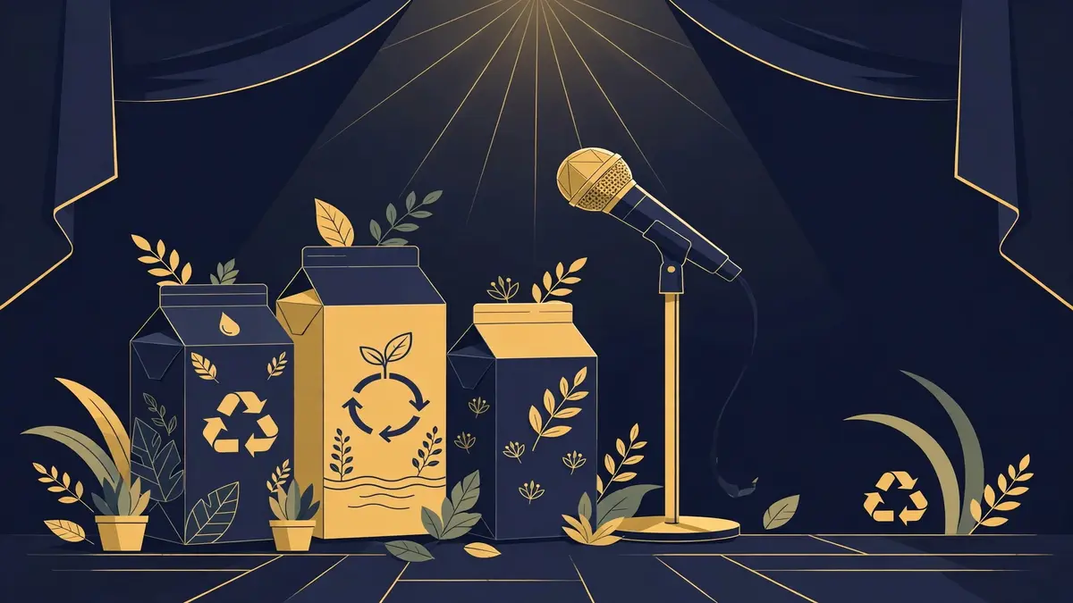 Illustration of eco-friendly water cartons and a concert microphone