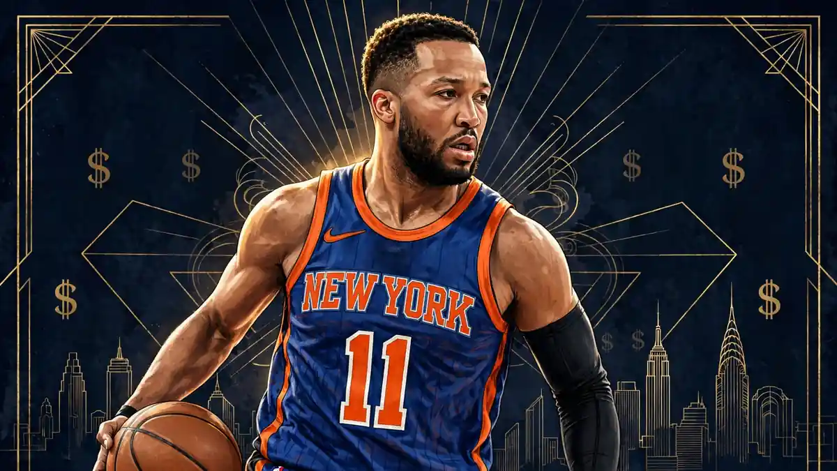 Illustrated portrait of Jalen Brunson in a New York Knicks jersey holding a basketball against a dark navy and gold background