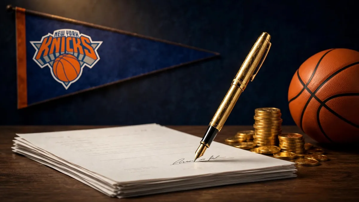 Editorial illustration of a gold fountain pen signing an NBA contract beside gold coins and a basketball