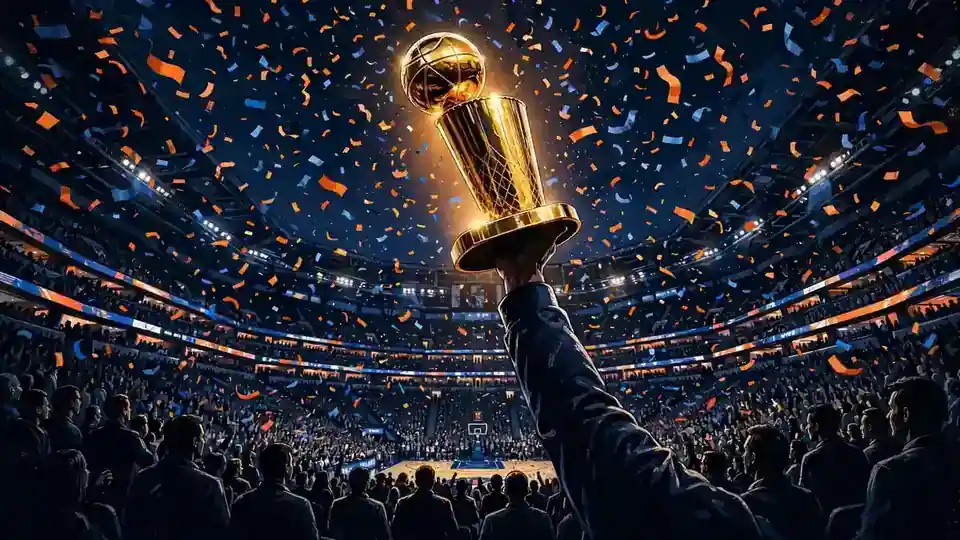 Editorial illustration of an NBA championship trophy raised above a packed arena at night with orange and blue confetti