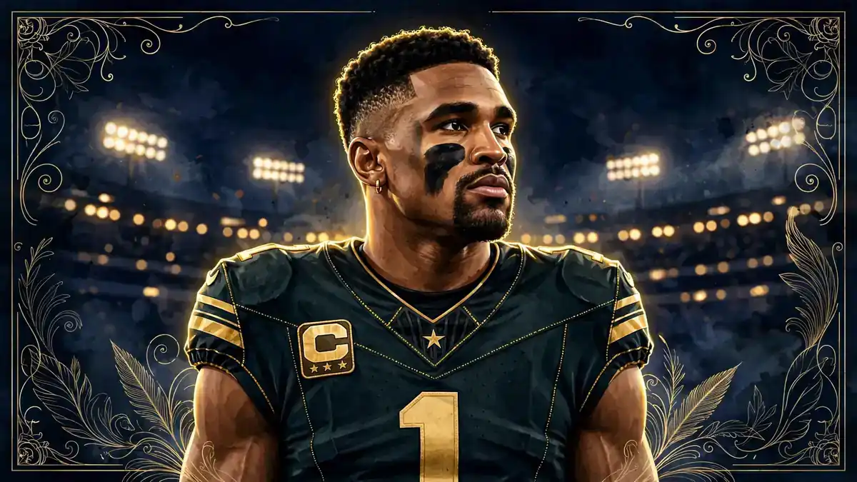 Stylized illustrated portrait of Philadelphia Eagles quarterback Jalen Hurts in a midnight-green jersey under stadium lights, navy and gold editorial style