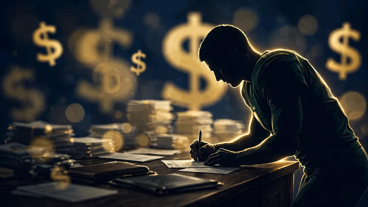 Editorial illustration of an NFL contract signing scene — a quarterback silhouette at a desk with documents and gold currency motifs, navy and gold style