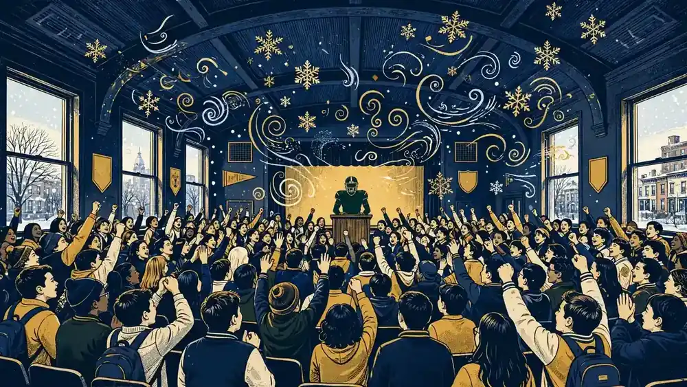 Editorial illustration of a Philadelphia school auditorium with cheering students and cool-air motifs, navy and gold style