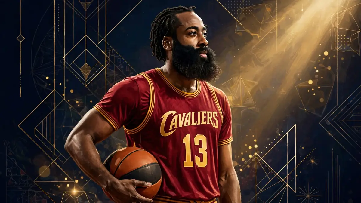 Stylized illustrated portrait of James Harden with his signature beard in a Cleveland Cavaliers jersey