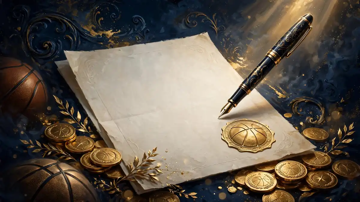 Illustration of an NBA contract signing with a pen, basketball and gold accents