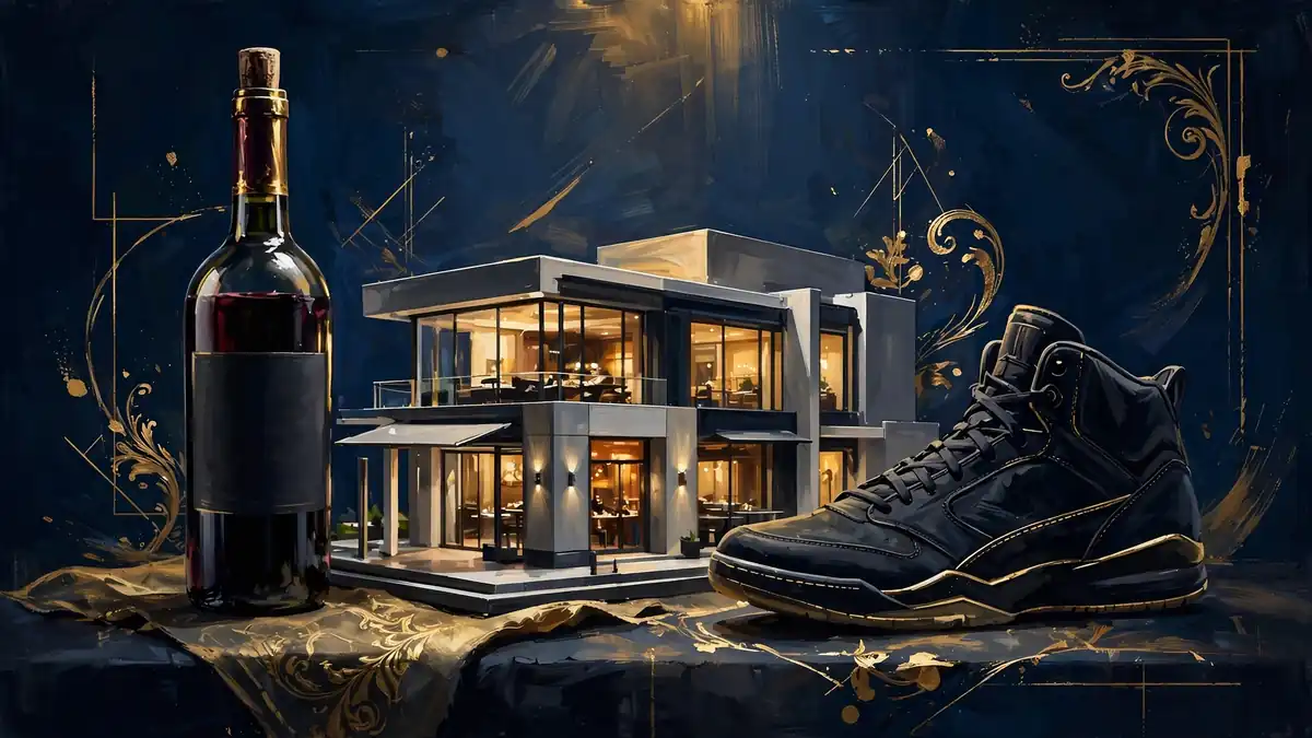 Illustration of a wine bottle, restaurant building and sneaker representing James Harden's business empire