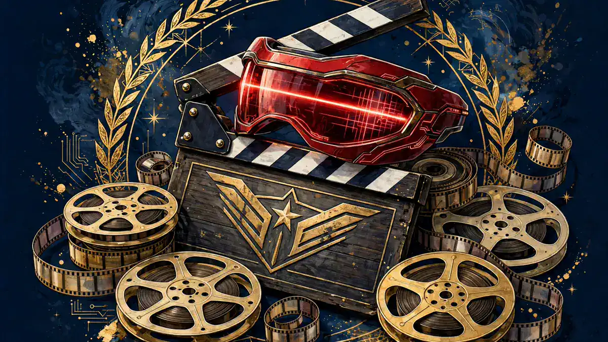Illustration of a red laser visor on a film clapperboard with film reels, in navy and gold