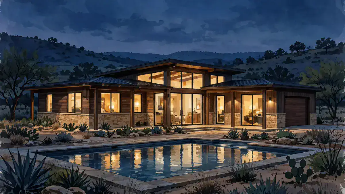 Illustration of a modern Texas ranch-style house with a swimming pool at dusk