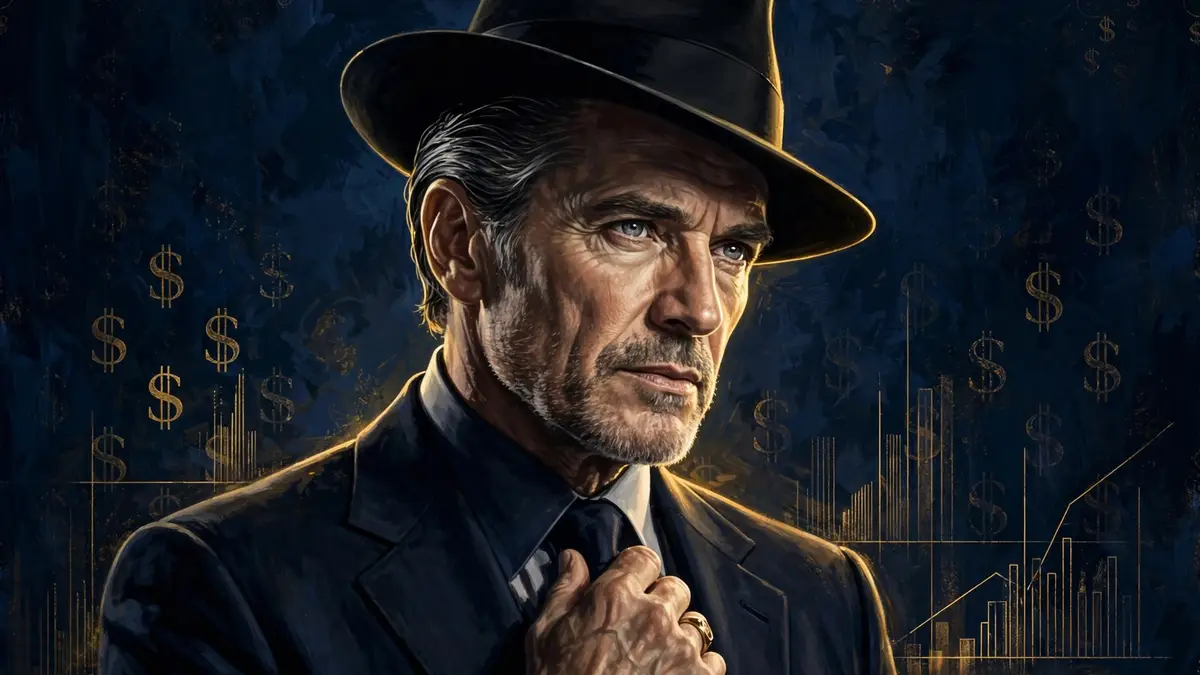 Illustrated portrait of James Spader in a dark suit and fedora against a navy and gold background