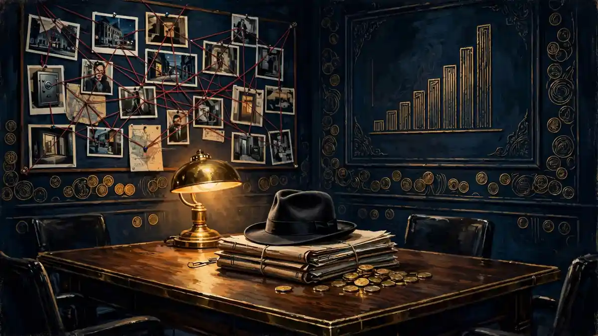 Illustration of a crime-drama set with case files, a fedora and an evidence board