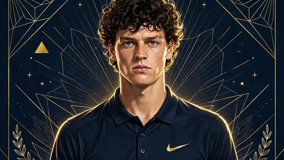 Stylized illustrated portrait of Jannik Sinner in navy and gold editorial style