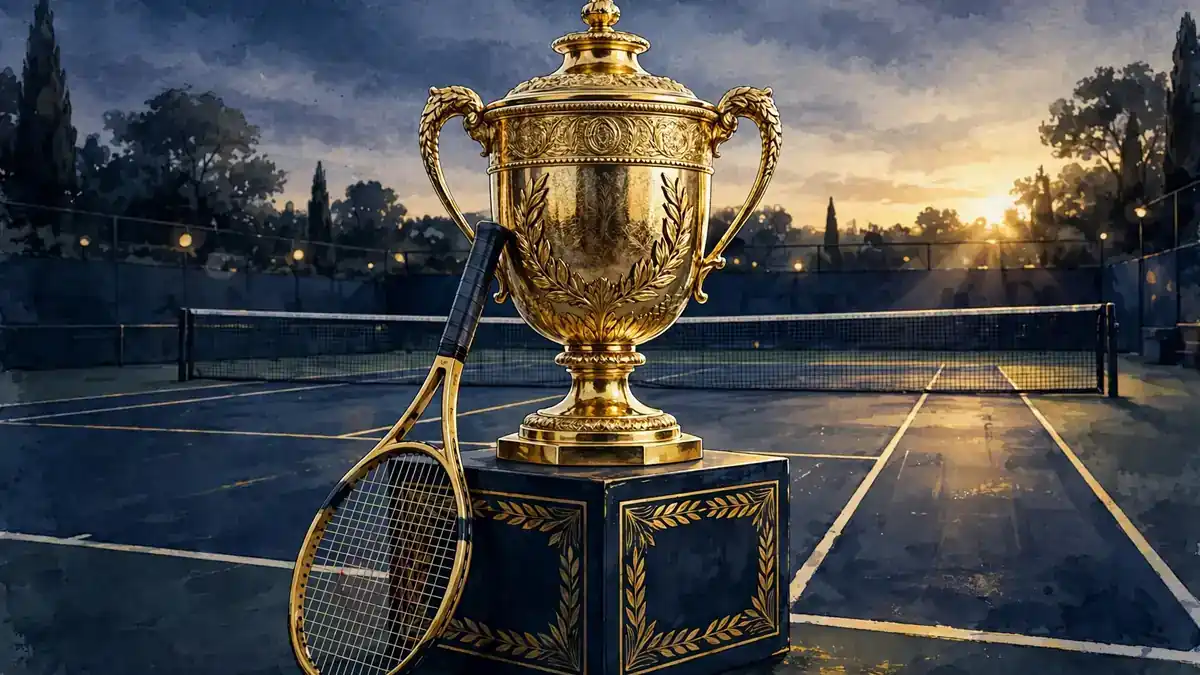 Illustration of a Grand Slam trophy on a tennis court in navy and gold