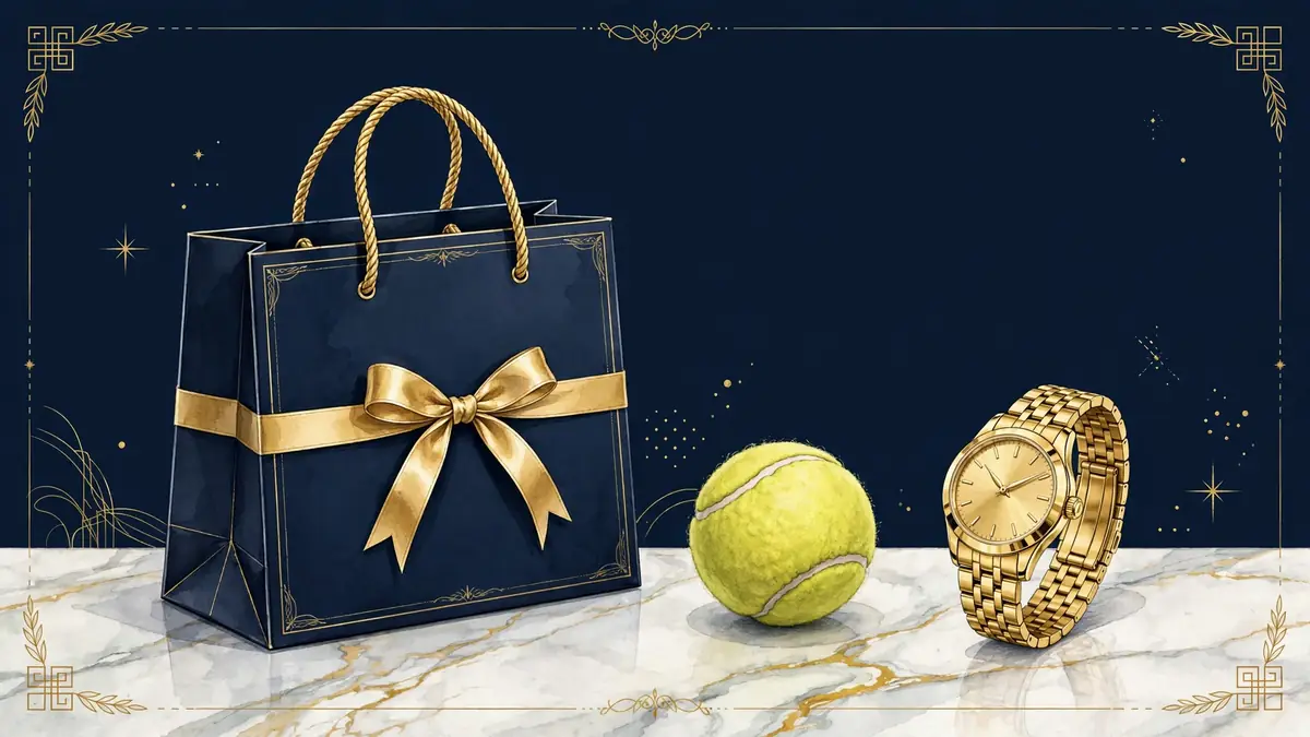 Illustration of luxury brand partnership symbols in navy and gold