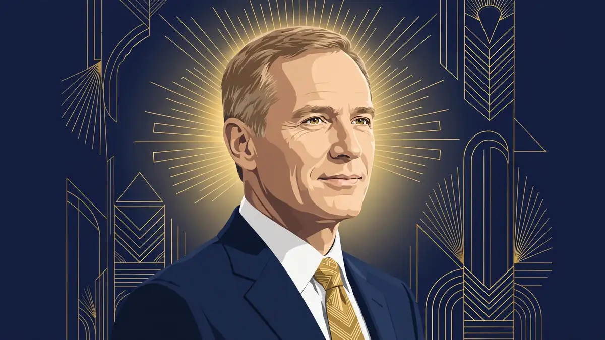 Stylized illustrated portrait of Jason Hoppy in a navy suit with gold editorial accents