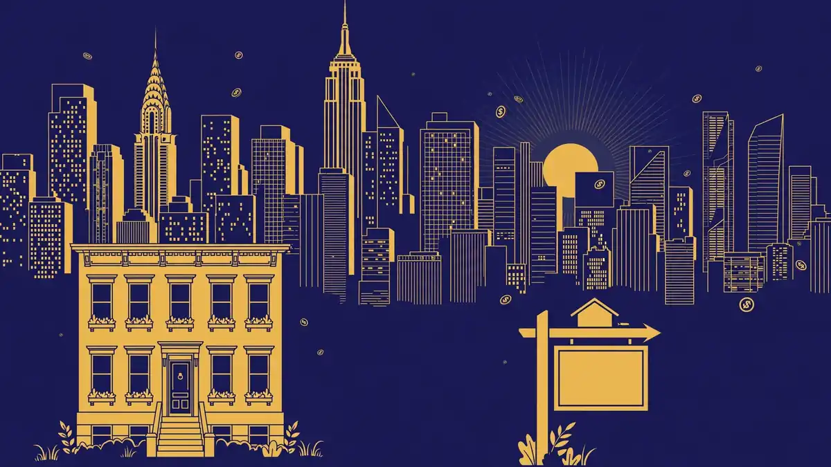 Navy and gold illustration of the New York City skyline with real estate and commission themes