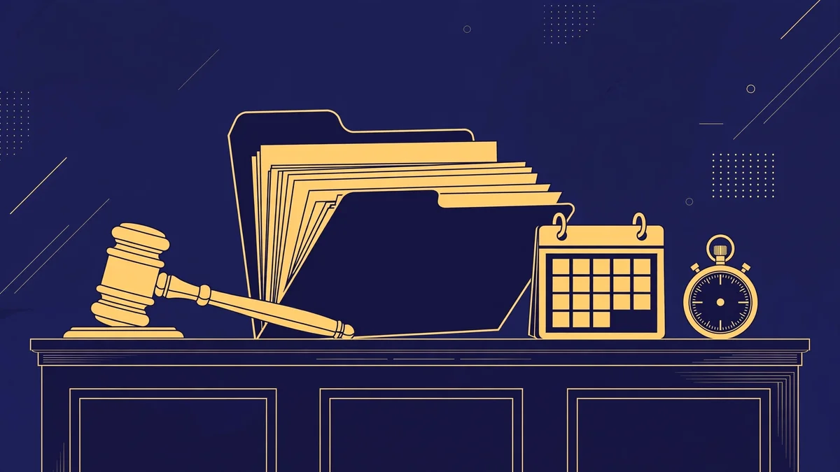 Navy and gold illustration of a courtroom gavel, legal files and calendar representing the long divorce proceedings