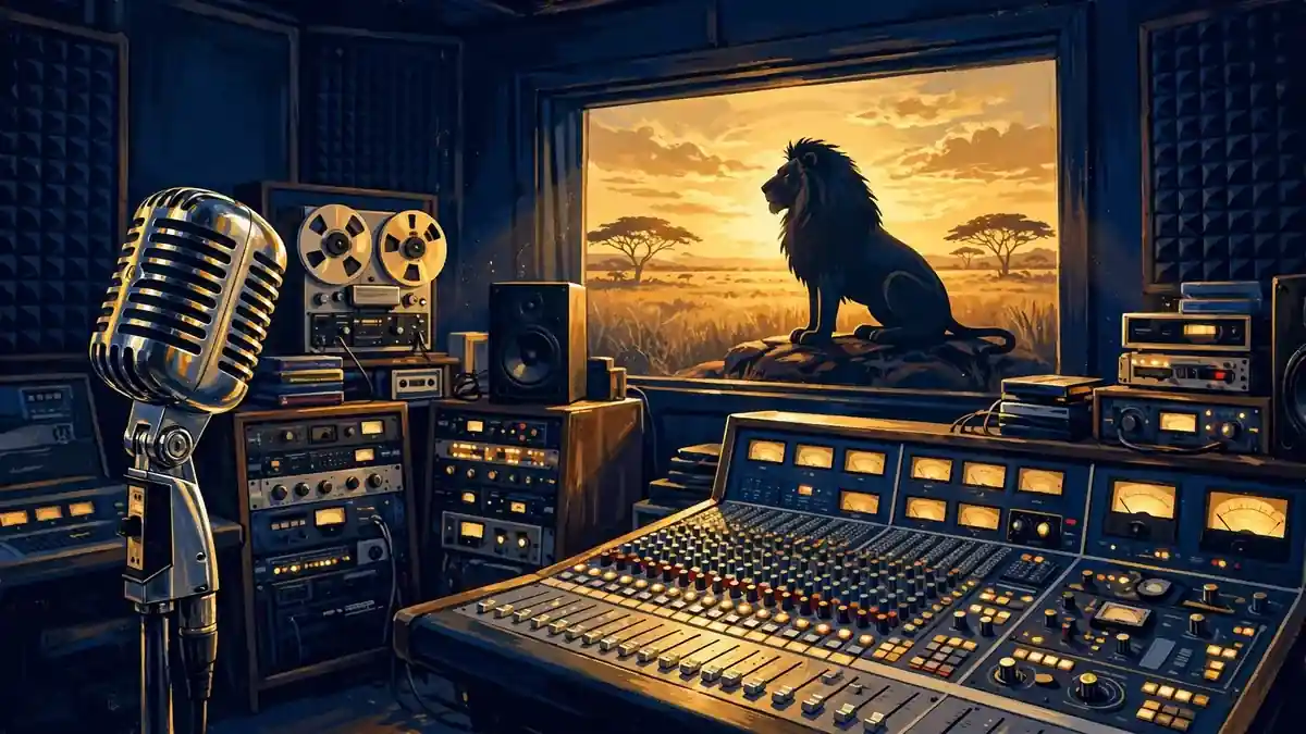 Stylized illustration of a 1990s recording studio with a vintage microphone and a lion silhouette at sunset, in navy and gold